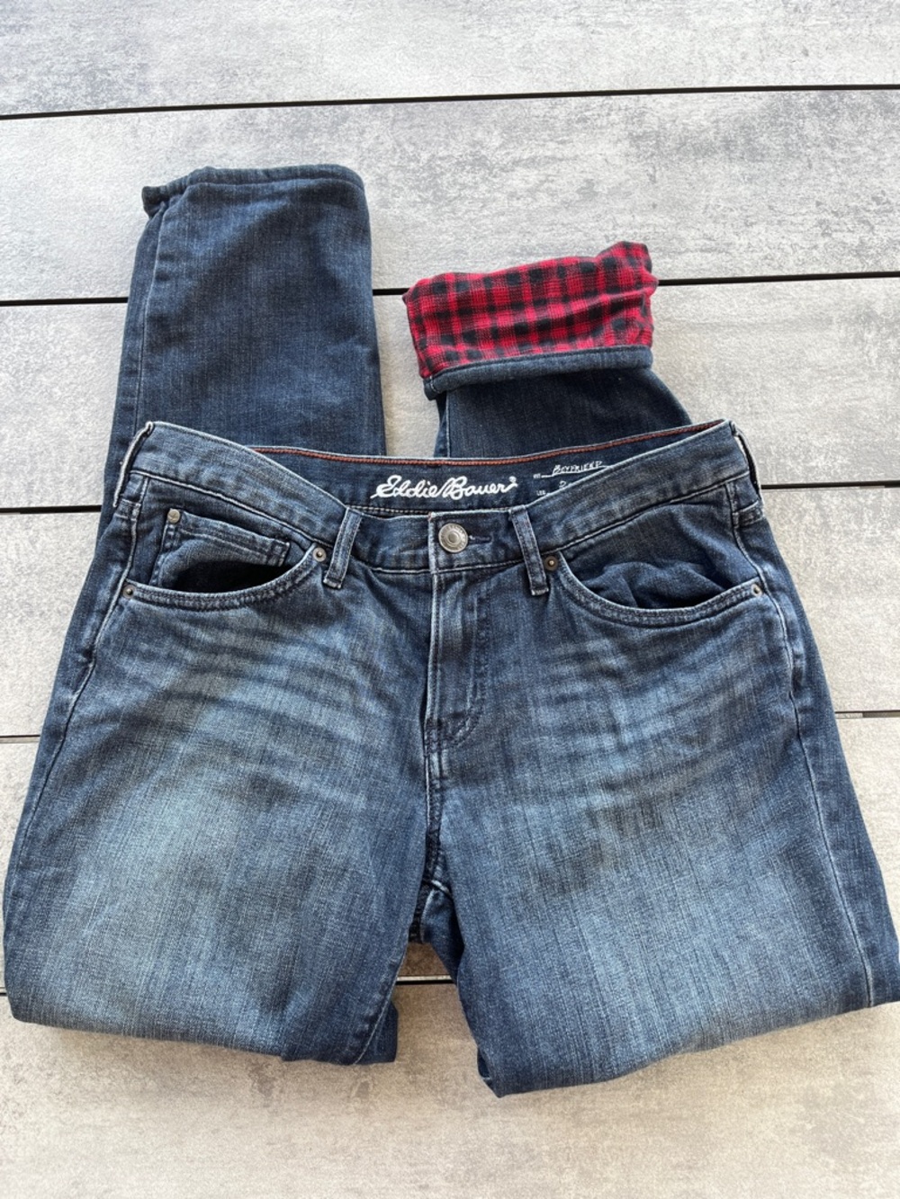 Eddie Bauer Dark Blue Jeans with Red Plaid Fleece Lining 6P